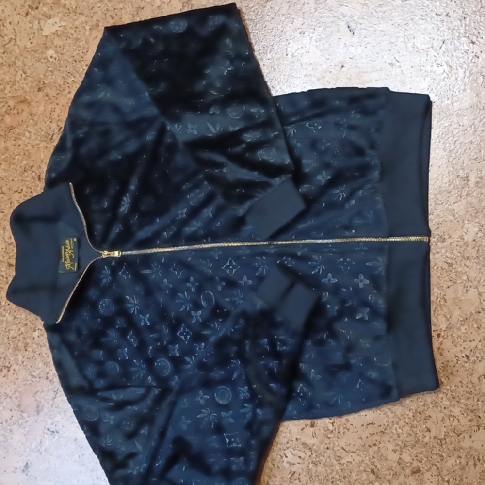 Maison Article Men's Oversize Velour Monogrammed Black Full Zip Jacket Size M